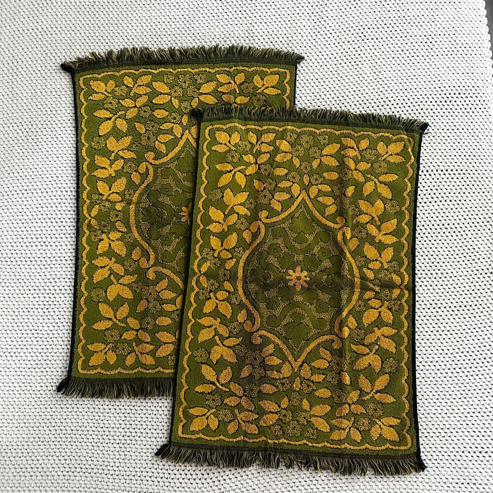 Cavalier Cannon USA Green Yellow Mid Century Mod Floral Scroll Bath Towel Set 5 - Picture 4 of 7